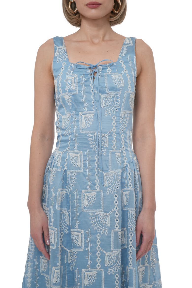 Embroidered Tie Front Midi Dress, Alternate, color, BLUE/ CREAM