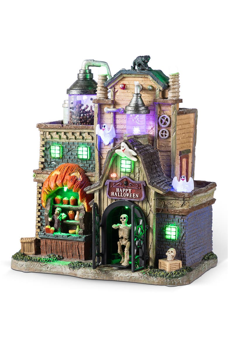 Glitzhome 11"H Lighted Resin Halloween Haunted House Village, Main, color, Black