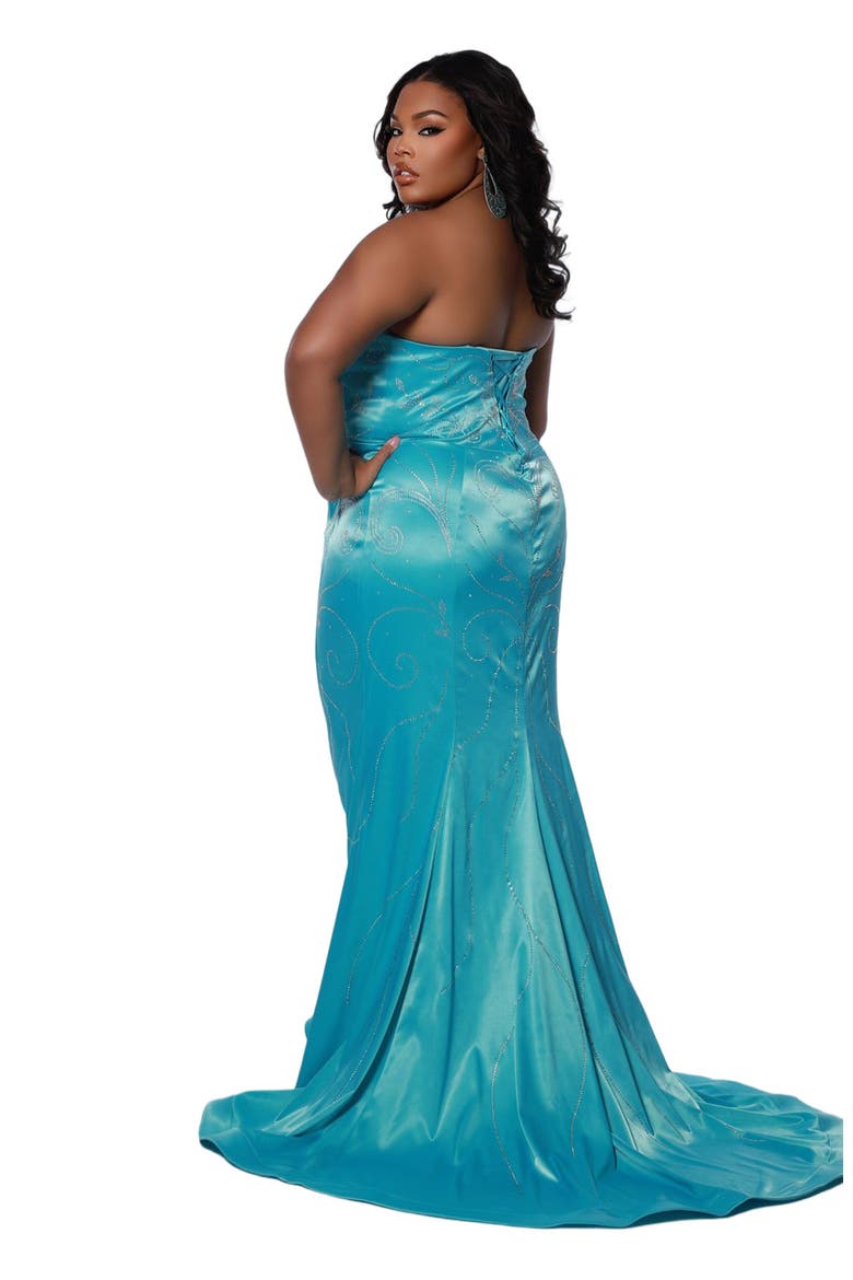 Slim Fitted Strapless Plus Size Evening Gown, Alternate, color, Aqua