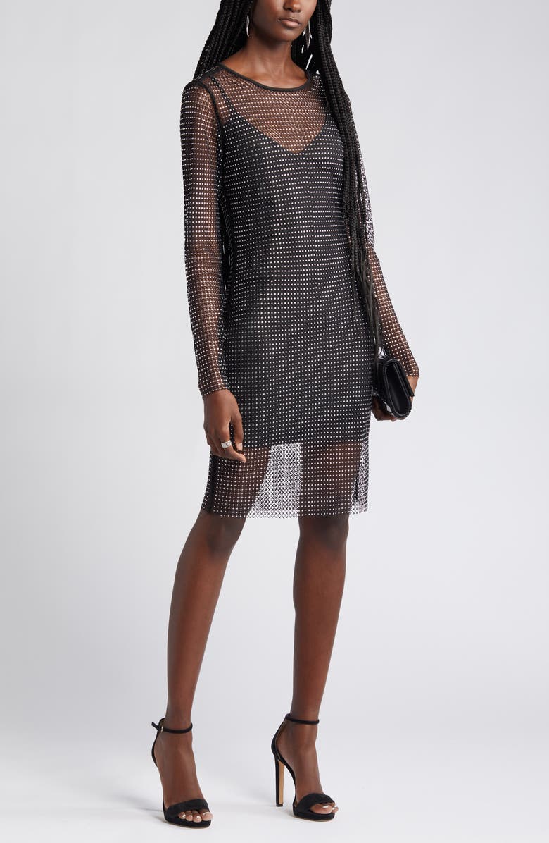 bebe Rhinestone Mesh Long Sleeve Cocktail Minidress, Main, color, Black