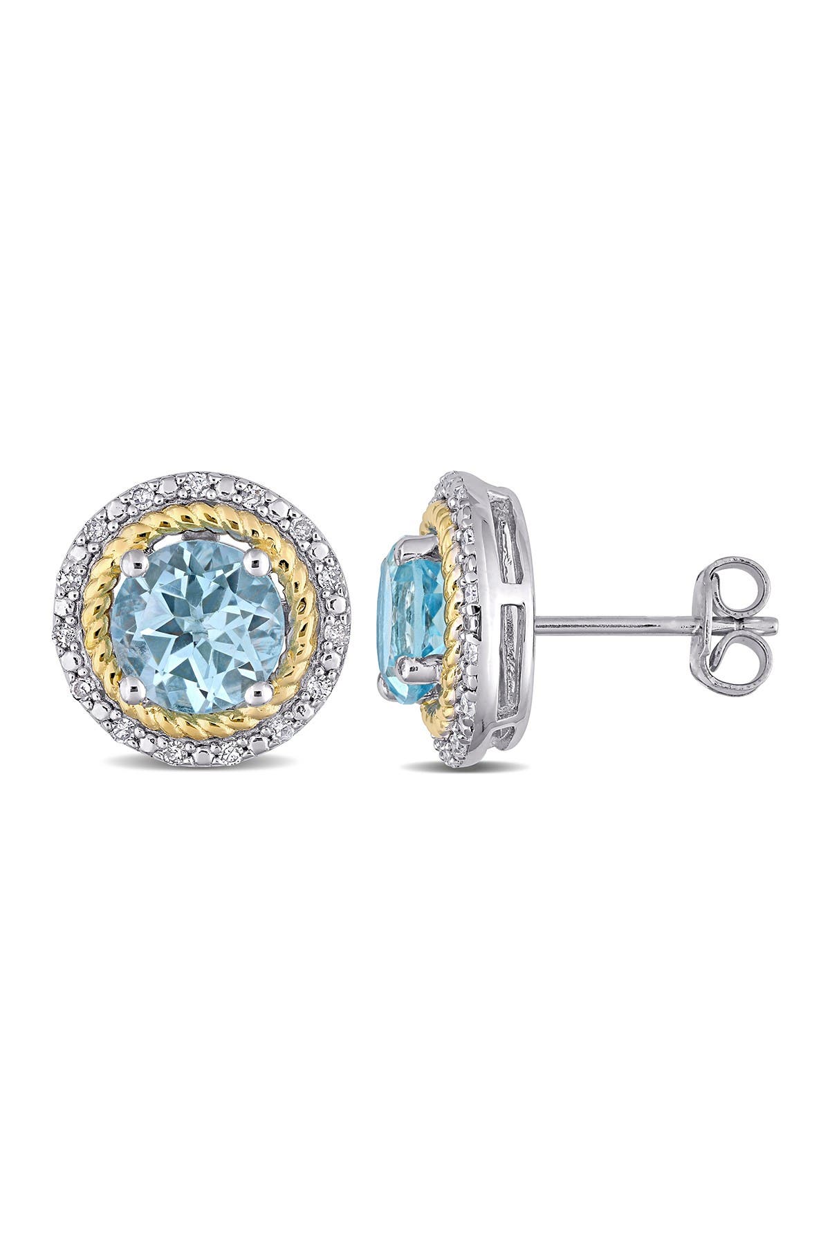 DELMAR Two-Tone Round Cut Blue Topaz & Diamond Accent Halo Stud Earrings - 0.15ct.