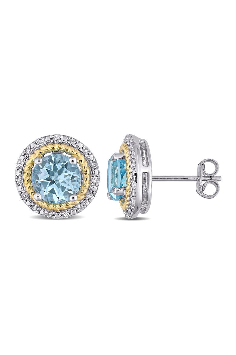 Two-Tone Round Cut Blue Topaz & Diamond Accent Halo Stud Earrings - 0.15ct., Main, color, BLUE