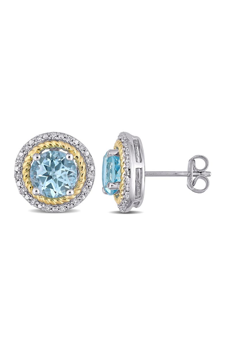DELMAR Two-Tone Round Cut Blue Topaz & Diamond Accent Halo Stud Earrings - 0.15ct., Main, color, Blue