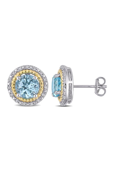 Two-Tone Round Cut Blue Topaz & Diamond Accent Halo Stud Earrings - 0.15ct.