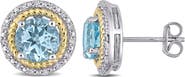 DELMAR Two-Tone Round Cut Blue Topaz & Diamond Accent Halo Stud Earrings - 0.15ct.