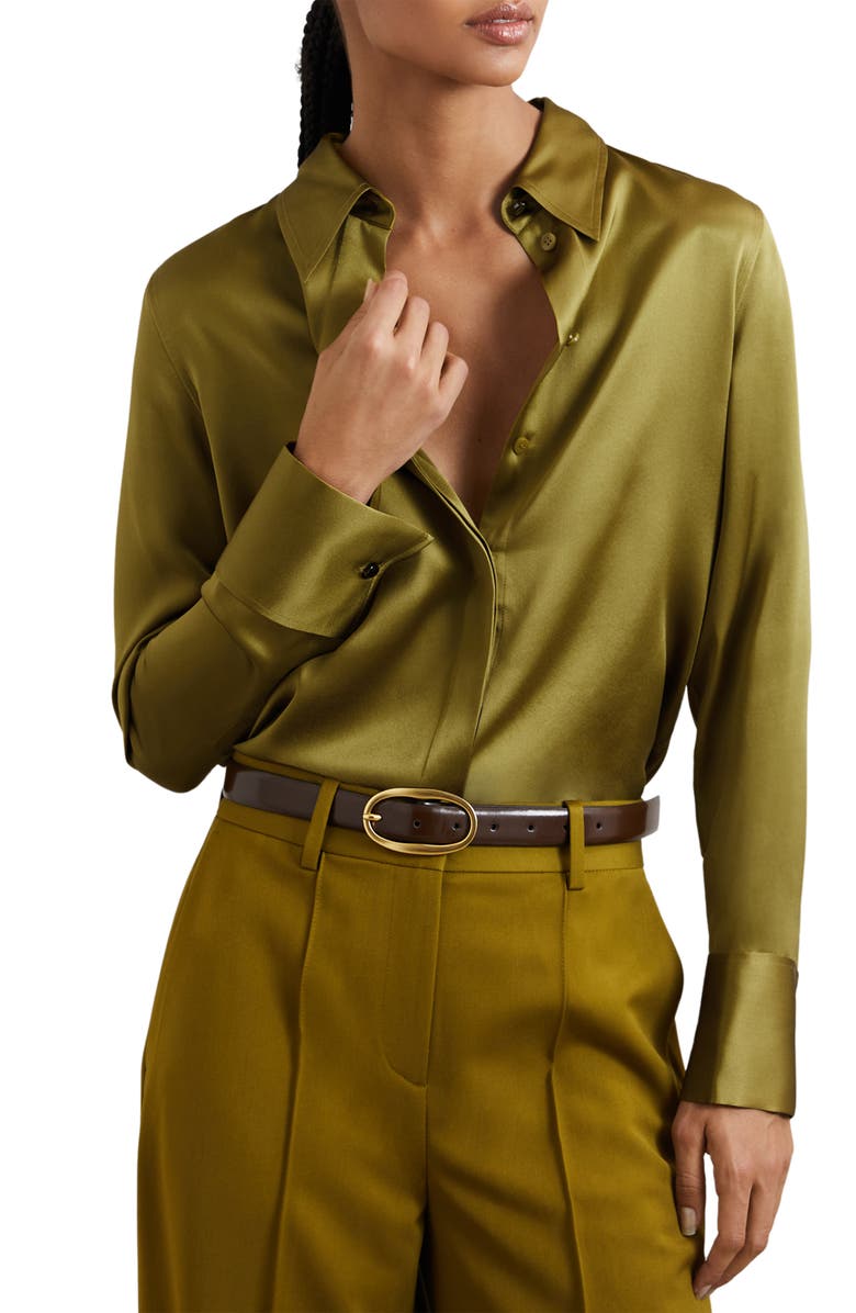 Reiss Ameira Silk Satin Button-Up Shirt, Main, color, Light Green