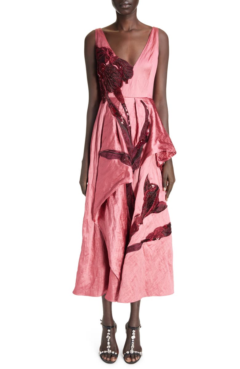 Erdem Beaded Floral Metallic Asymmetric Dress, Main, color, 