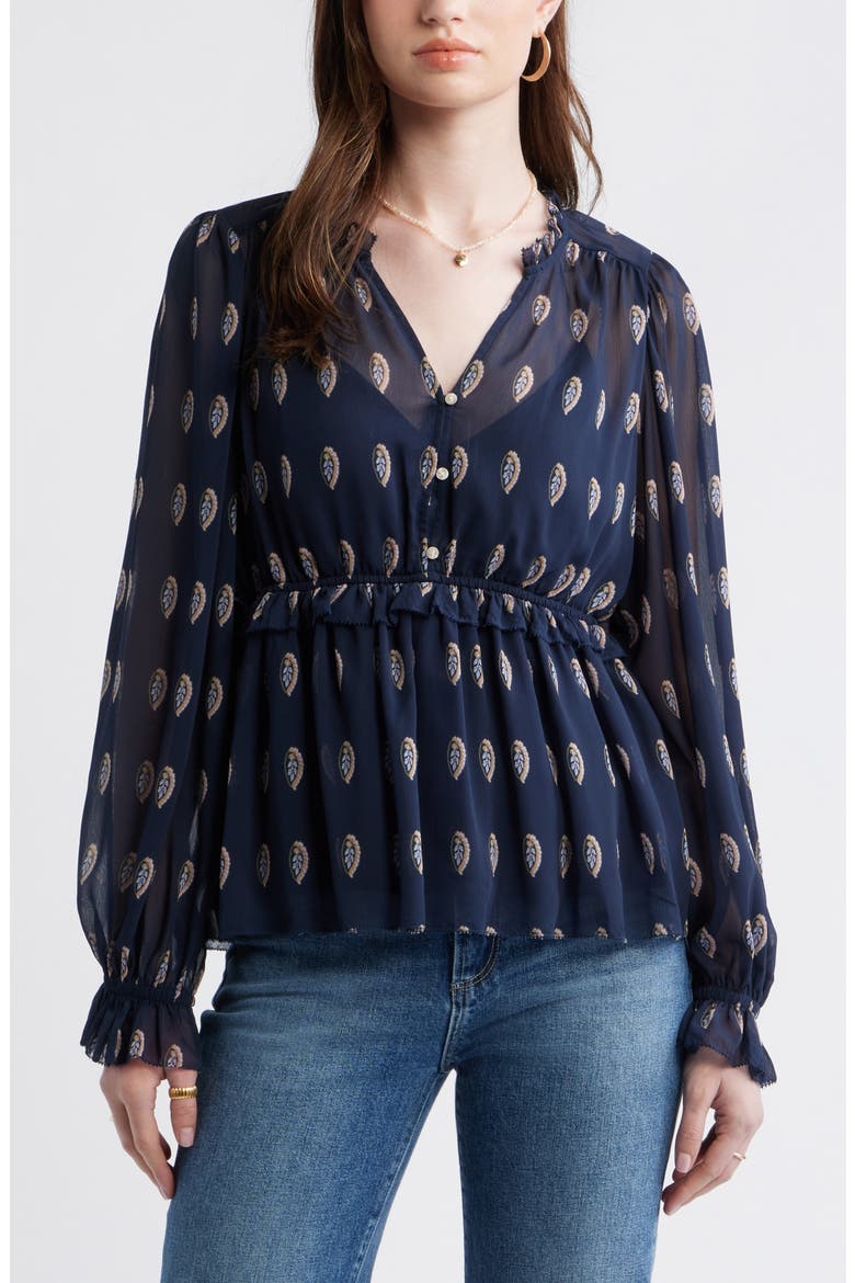 Long Sleeve Chiffon Peplum Top, Main, color, NAVY MINI FOULARD