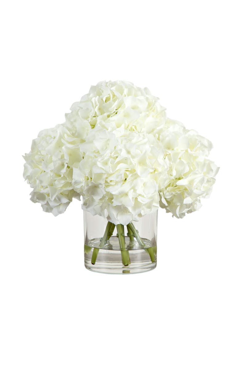 NEARLY NATURAL Wedding Collection 14-in Artificial Hydrangea Arrangement in Glass Vase, Main, color, Green/White