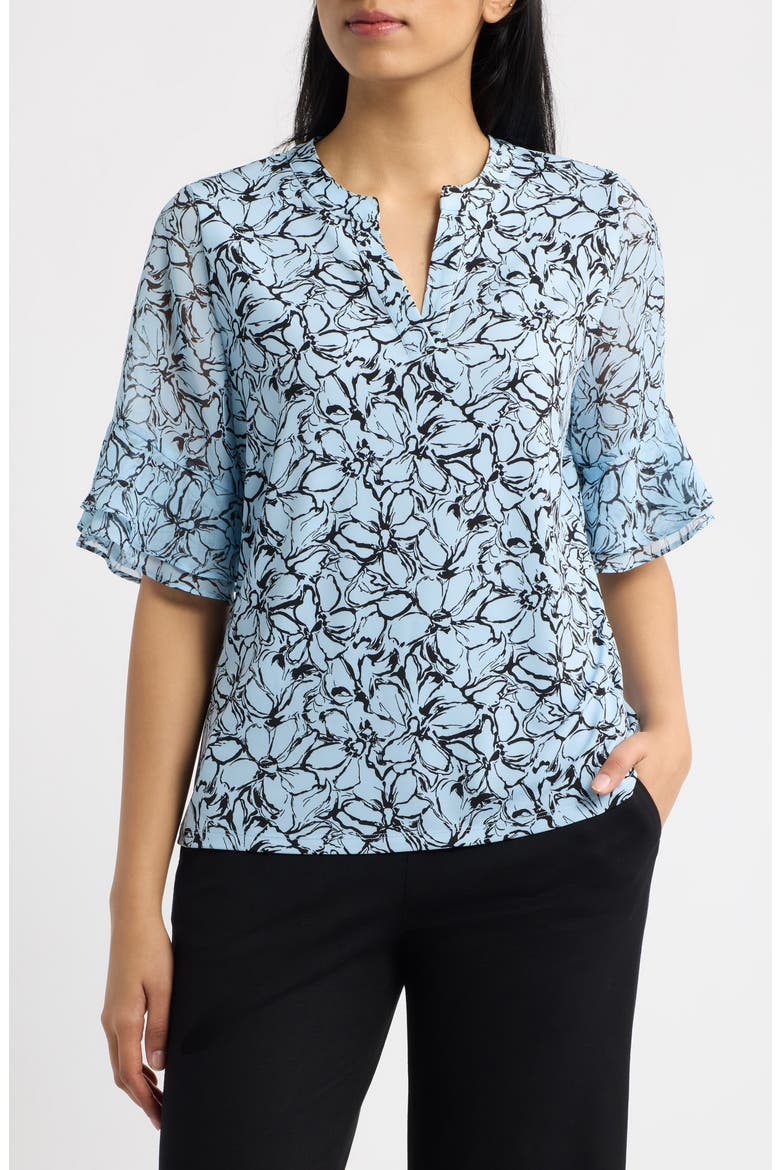 Ruffled Cuff Elbow Sleeve Split Neck Top, Main, color, OPAL BLUE/ ANNE BLACK