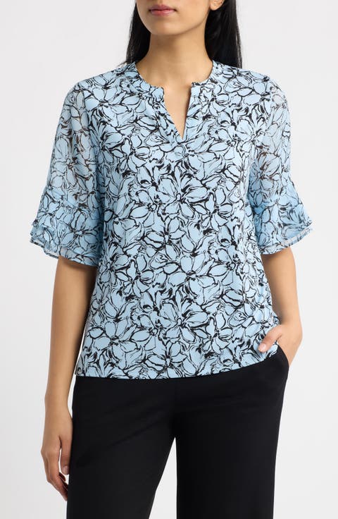 Ruffled Cuff Elbow Sleeve Split Neck Top
