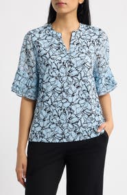 AK ANNE KLEIN Ruffled Cuff Elbow Sleeve Split Neck Top