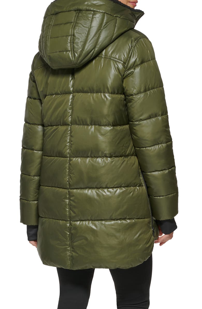 Kenneth Cole New York Faux Shearling Lined Hood Channel Quilted Puffer Parka Jacket, Alternate, color, Loden