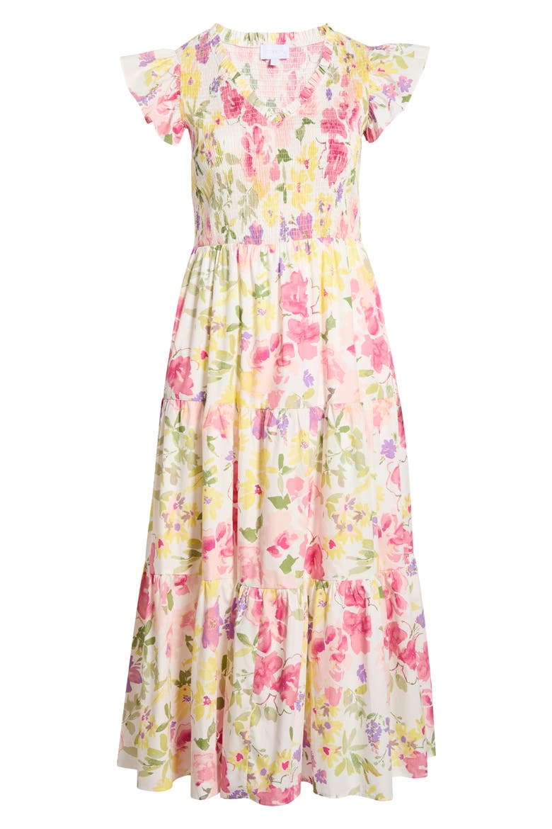 Leonie Floral Sunfire Tiered Midi Dress, Alternate, color, BLUSH-YELLOW