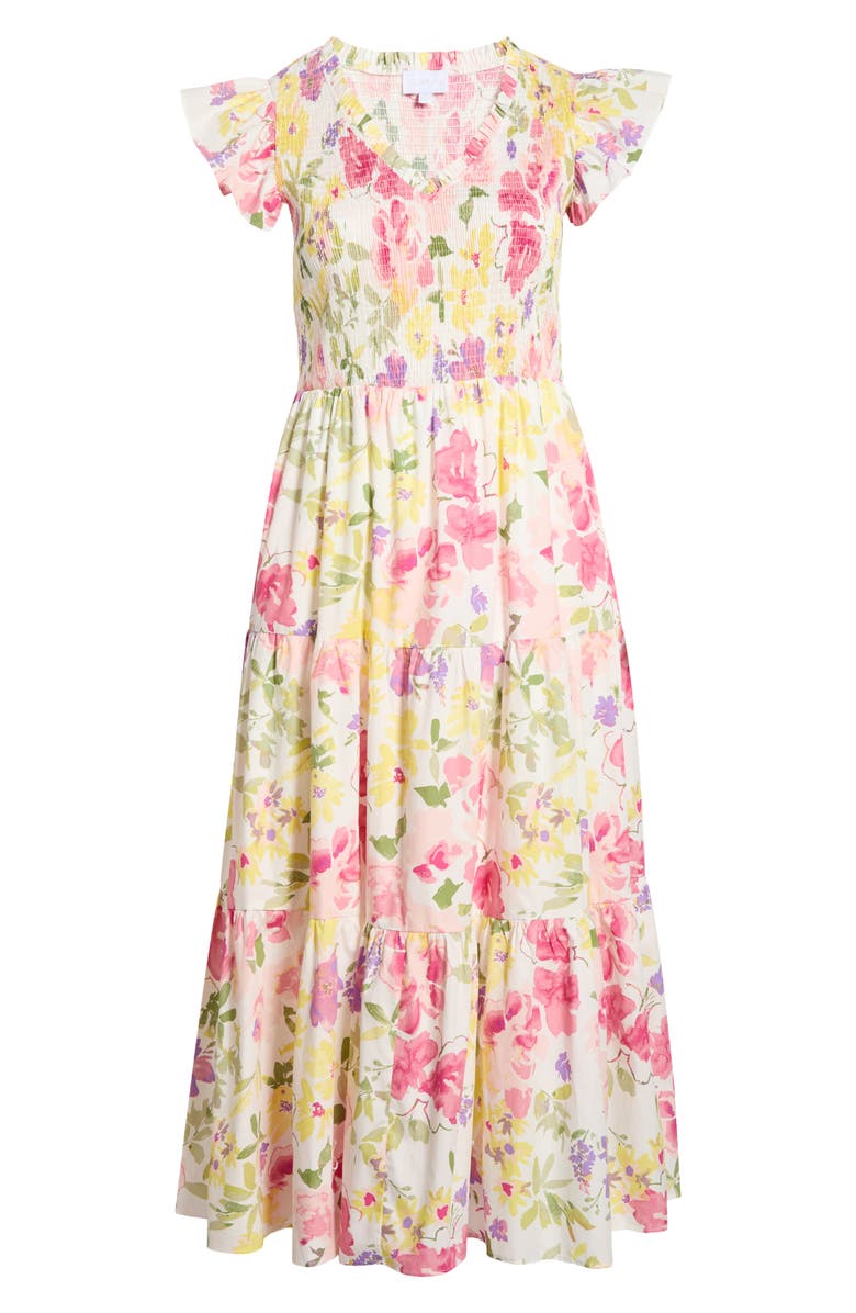 SUGARLIPS Leonie Floral Sunfire Tiered Midi Dress, Alternate, color, Blush-Yellow