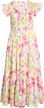 SUGARLIPS Leonie Floral Sunfire Tiered Midi Dress