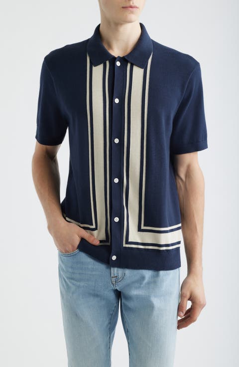 Border Stripe Short Sleeve Cotton Sweater Shirt