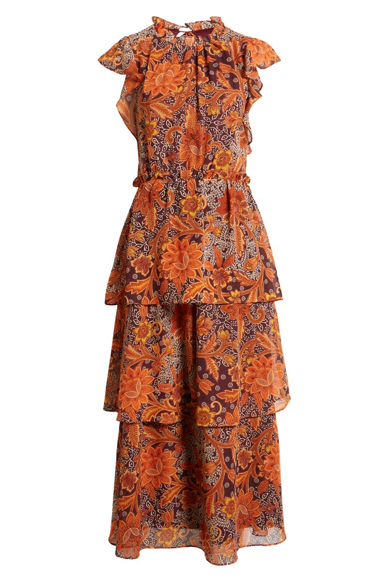 Floral Tiered Flutter Sleeve Midi Dress, Alternate, color, BROWN MULTI