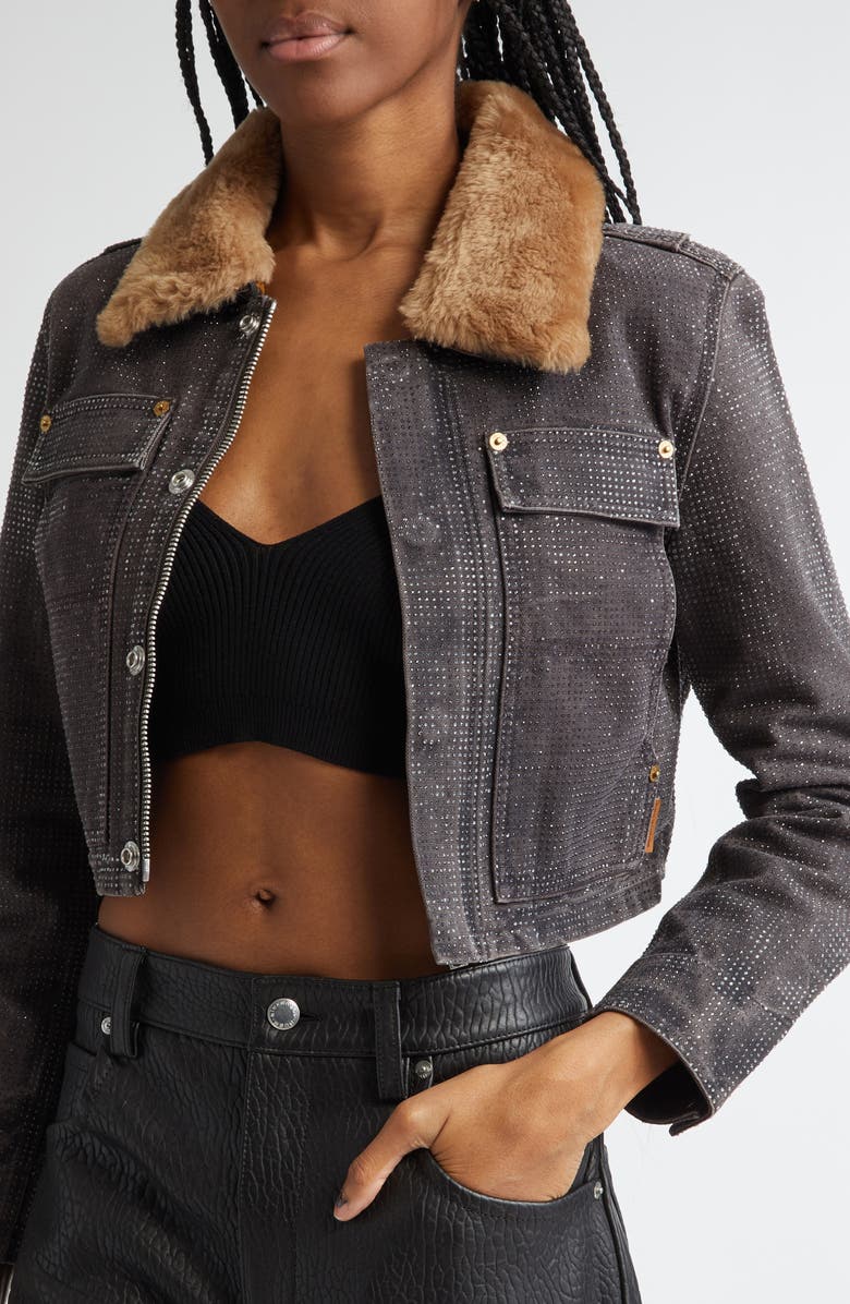 Alexander Wang Workwear Shrunken Trucker Jacket with Faux Fur Collar, Alternate, color, 