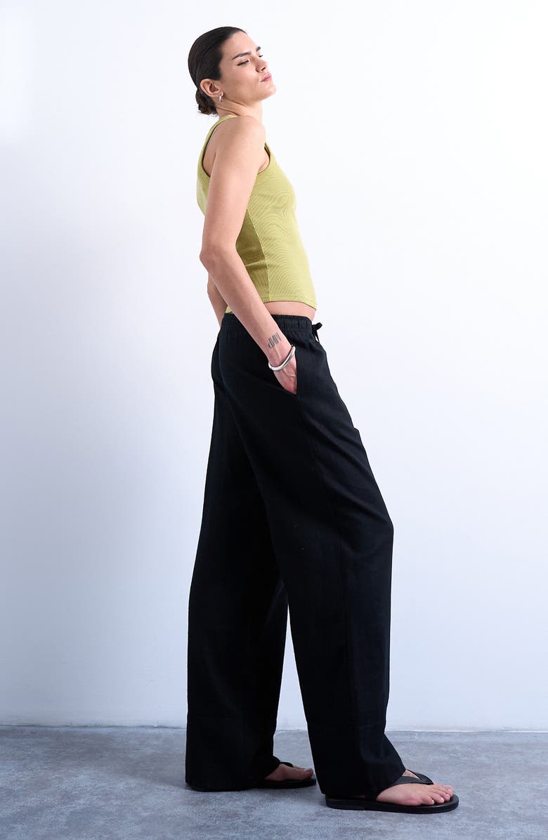 Topshop Linen Blend Straight Leg Pants, Alternate, color, Black