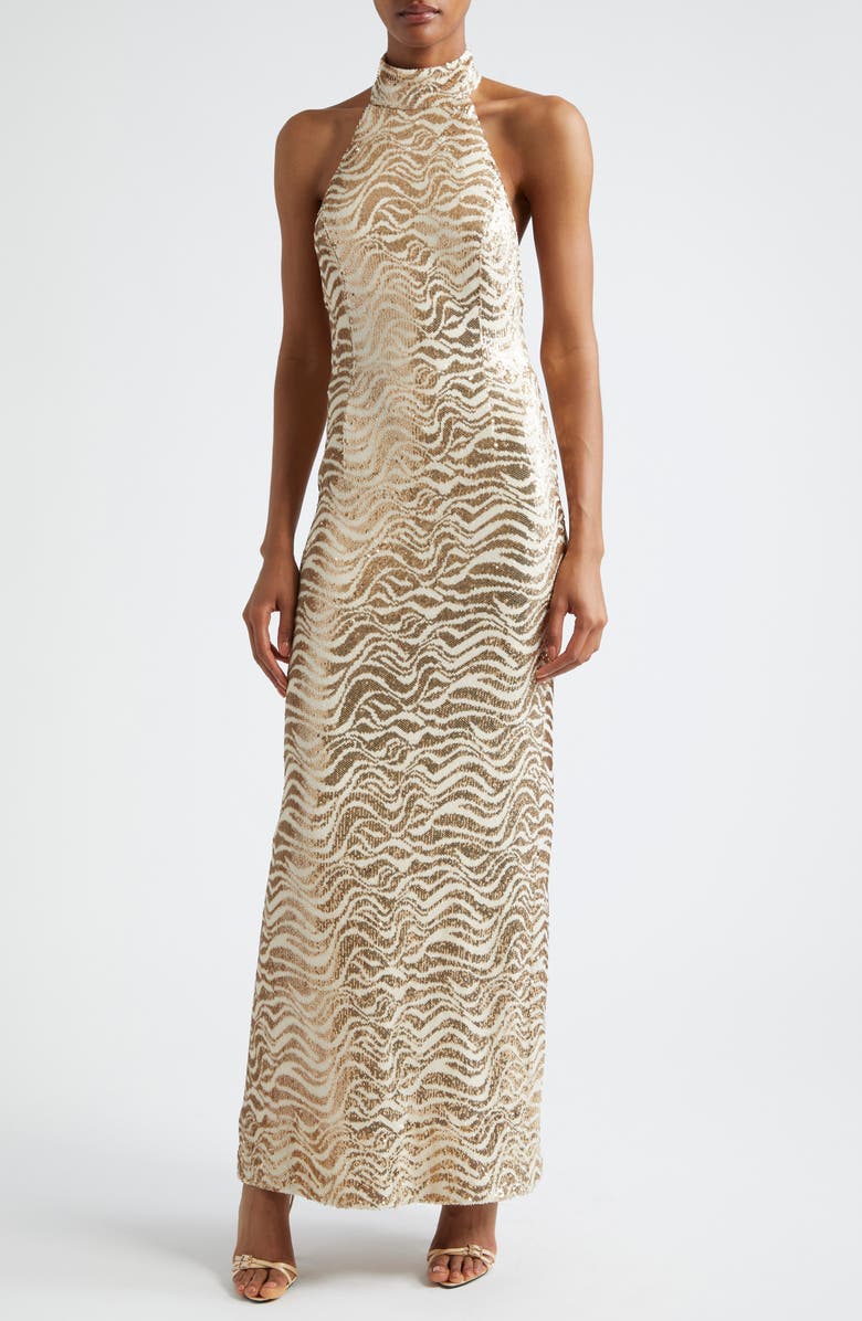Ramy Brook Liliane Metallic Swirl Halter Gown, Main, color, 