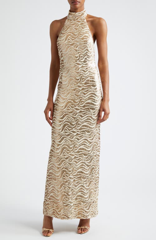 Ramy Brook Liliane Metallic Swirl Halter Gown in Gold Swirl 