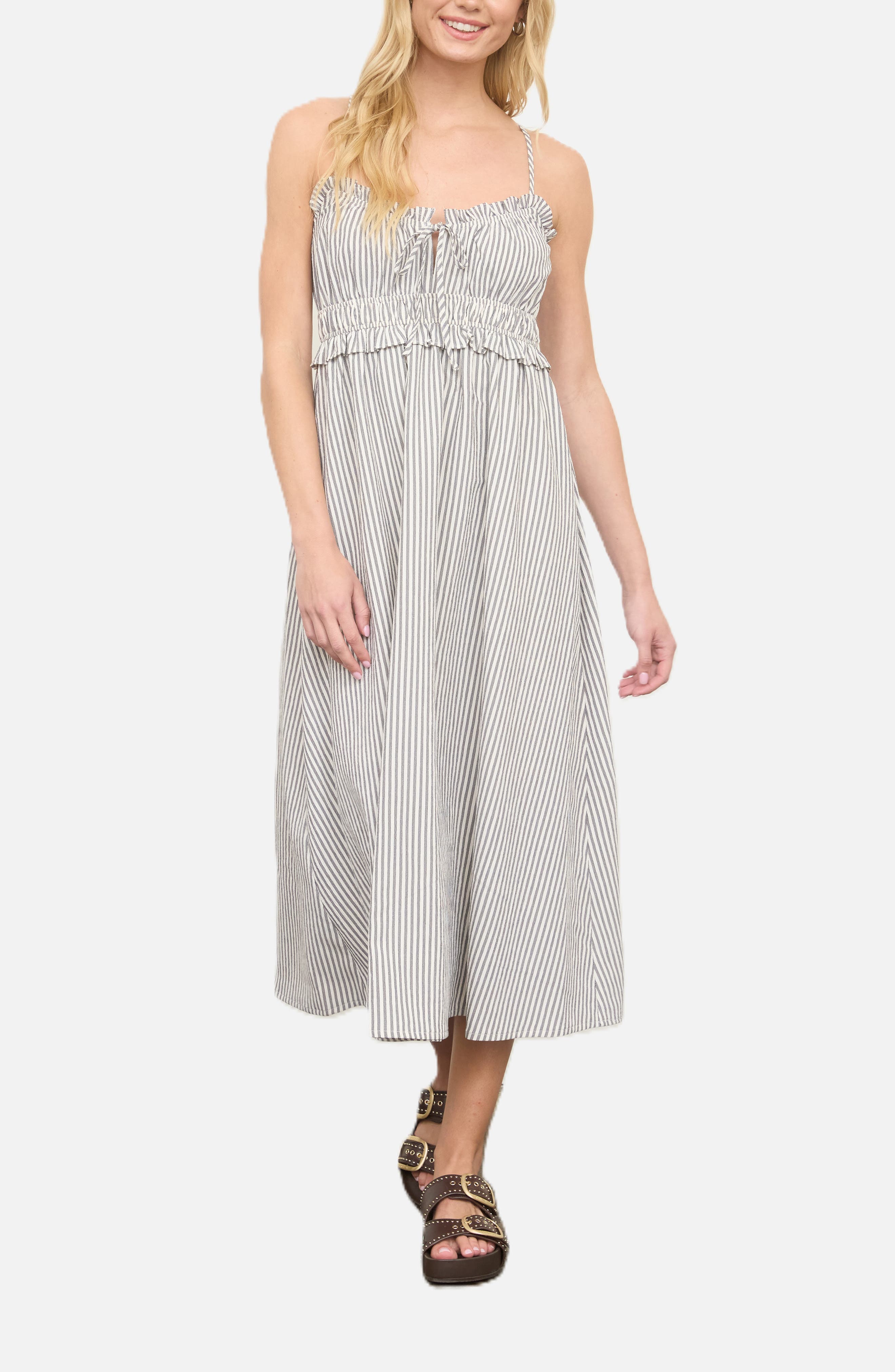 Blu Pepper Stripe Ruffle Shirred Seersucker Midi Dress