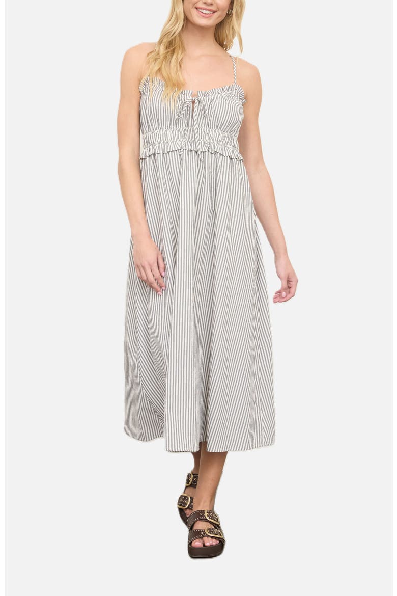 Stripe Ruffle Shirred Seersucker Midi Dress, Main, color, BLACK