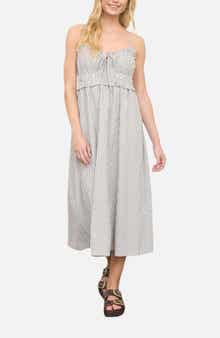 Blu Pepper Stripe Ruffle Shirred Seersucker Midi Dress
