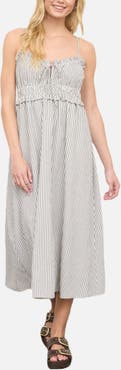 Blu Pepper Stripe Ruffle Shirred Seersucker Midi Dress