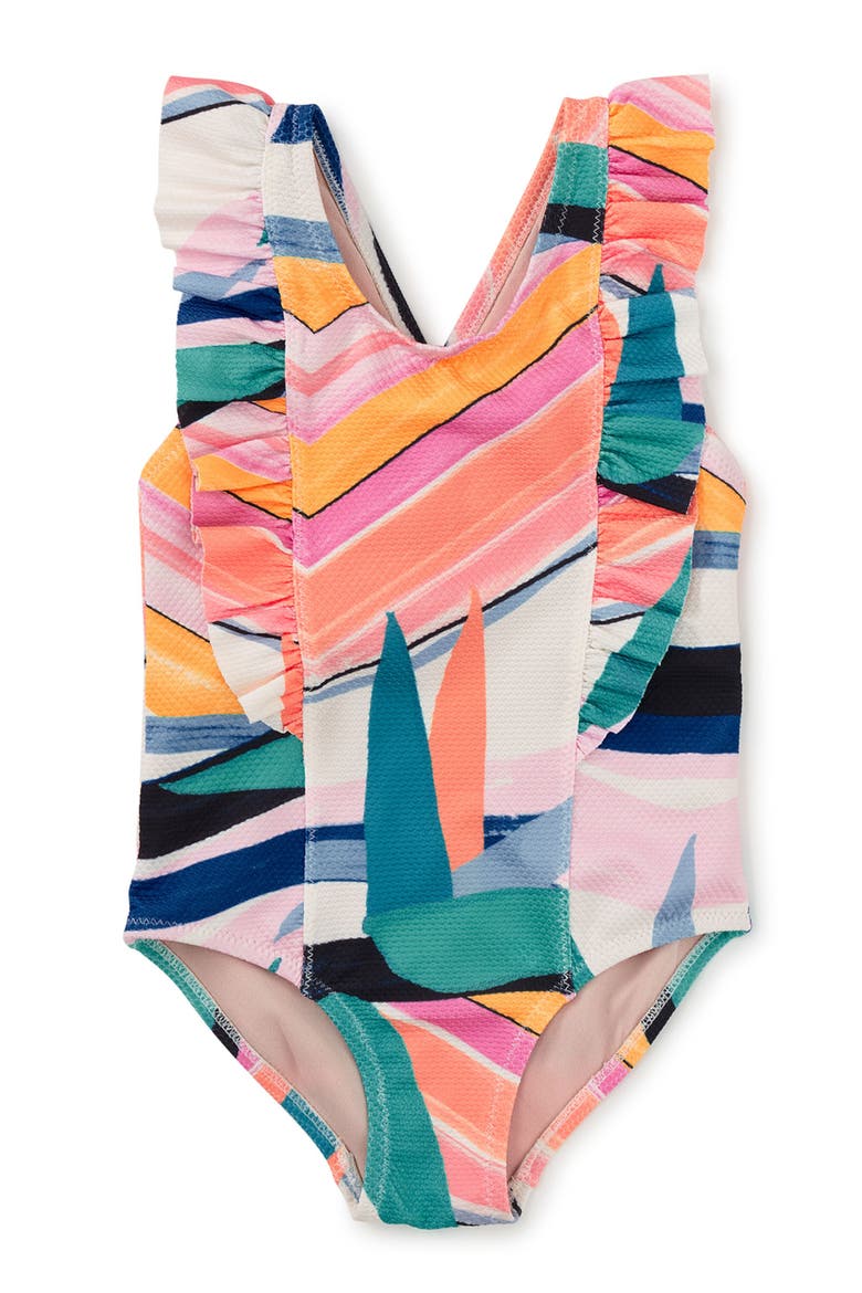 Ruffle One-Piece Swimsuit, Main, color, Bird of Paradise Stripe
