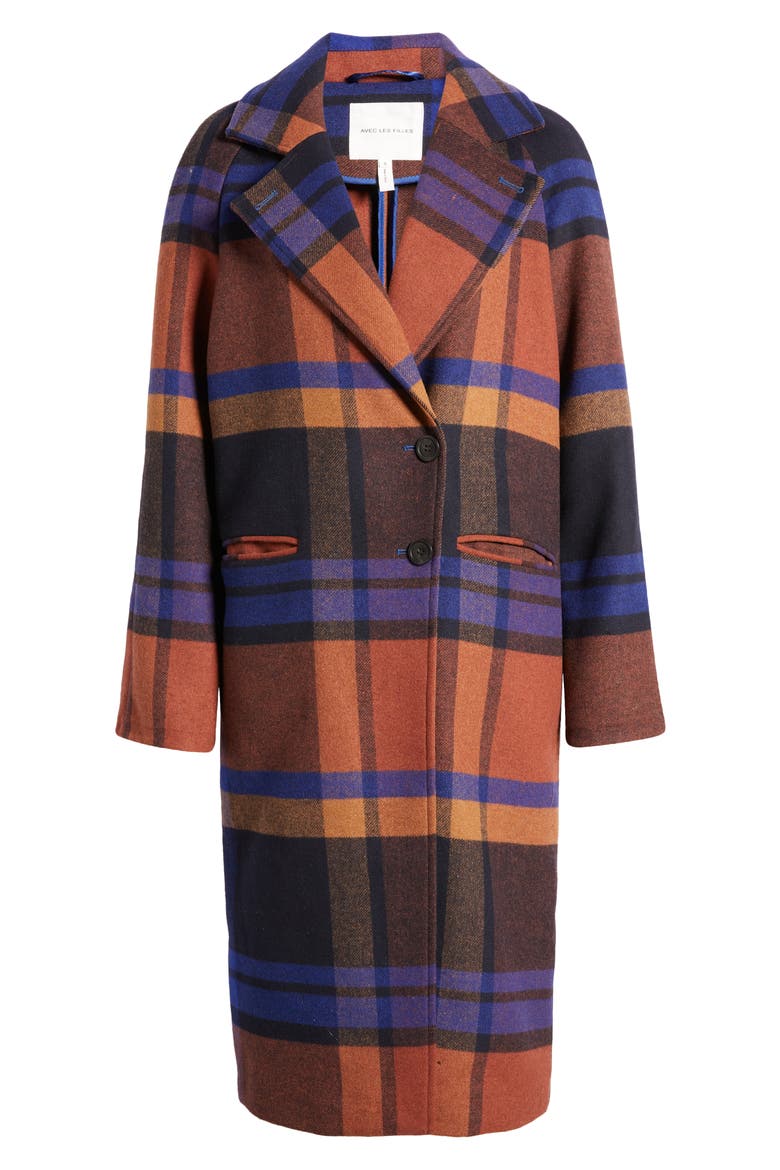 Walker Relaxed Fit Plaid Coat, Alternate, color, NAVY/ RUST PLAID