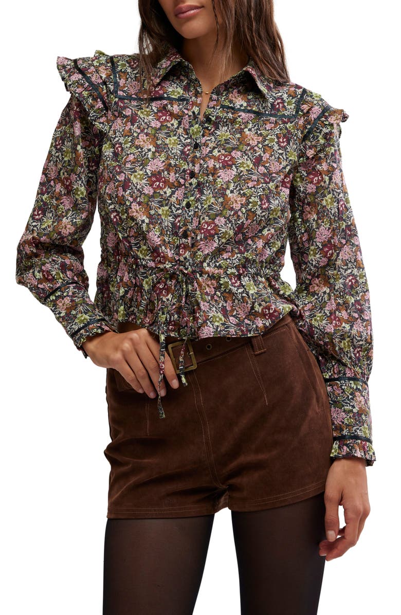 Free People Daybreak Floral Print Long Sleeve Shirt, Main, color, Black Combo