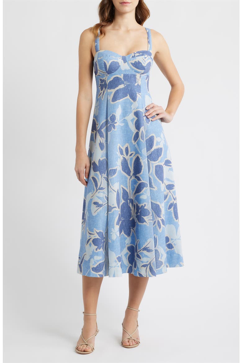 Floral Empire Waist A-Line Midi Dress, Main, color, BLUE MULTI