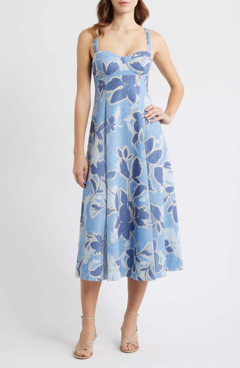 MOON RIVER Floral Empire Waist A-Line Midi Dress, Main, color, Blue Multi