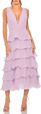Mac Duggal Deep V Chiffon Sleeveless Ruffle Midi Dress