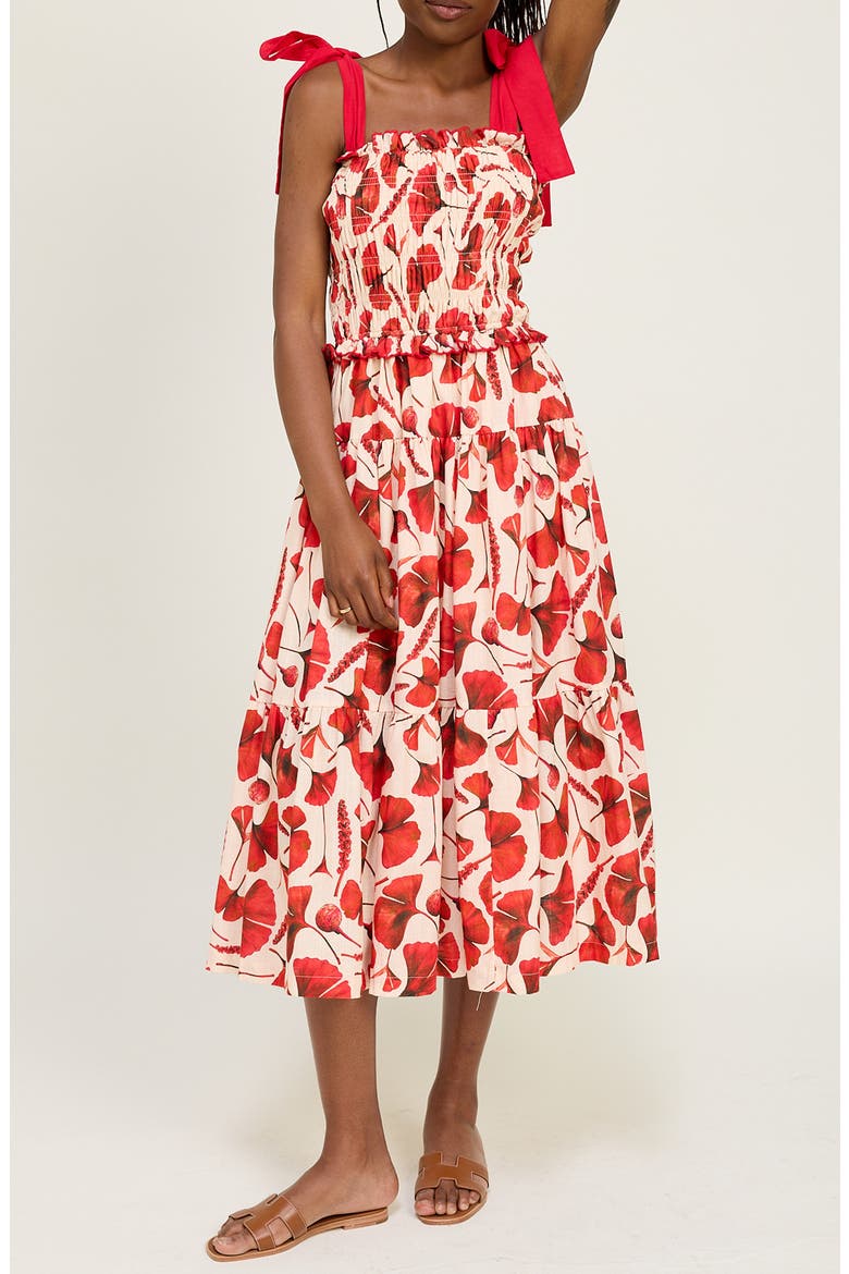 Josie Gingko Leaf Print Cotton Blend Sundress, Alternate, color, NATURAL RED