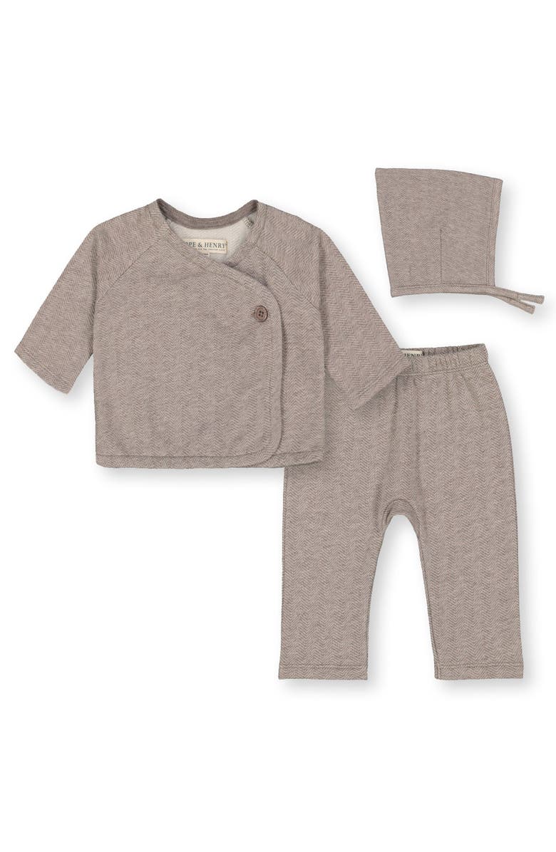 Hope & Henry Baby "Fleece Kimono Top, Legging, and Bonnet Set", Infant, Main, color, Brown