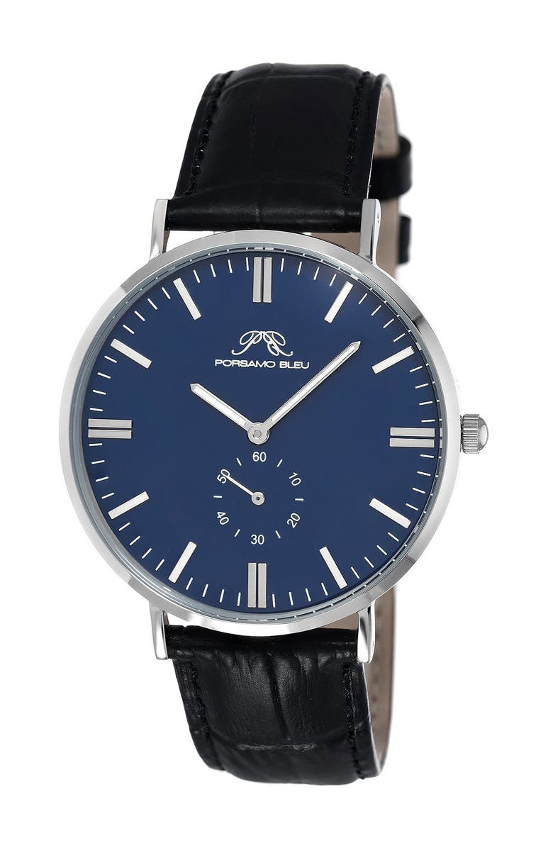 PORSAMO BLEU Men's Henry Miyota Quartz Croc Embossed Leather Strap Watch, 40.8mm, Main, color, Black-Blue