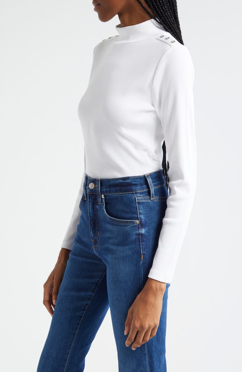 Veronica Beard Nate Shoulder Button Mock Neck Rib Top, Alternate, color,