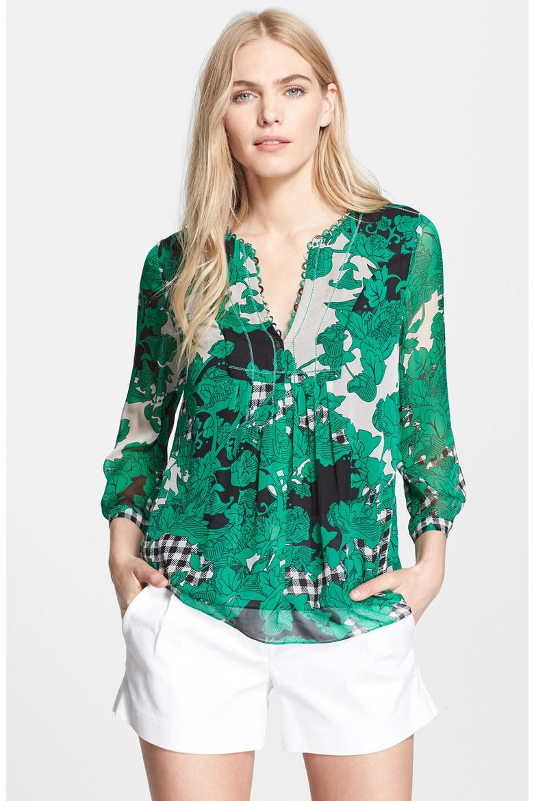 'Camden' Print Silk Top, Main, color, TOILE COLLAGE GREEN