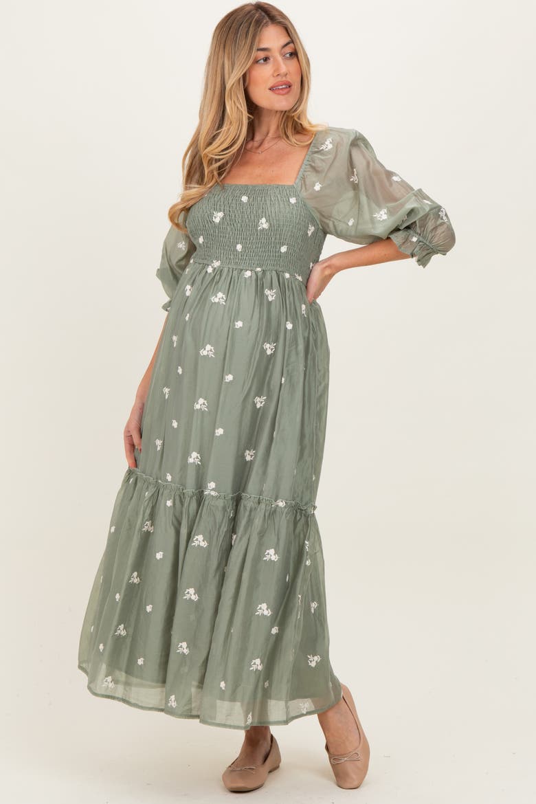 Floral Embroidered Smocked 3/4 Sleeve Midi Dress, Alternate, color, Light Olive