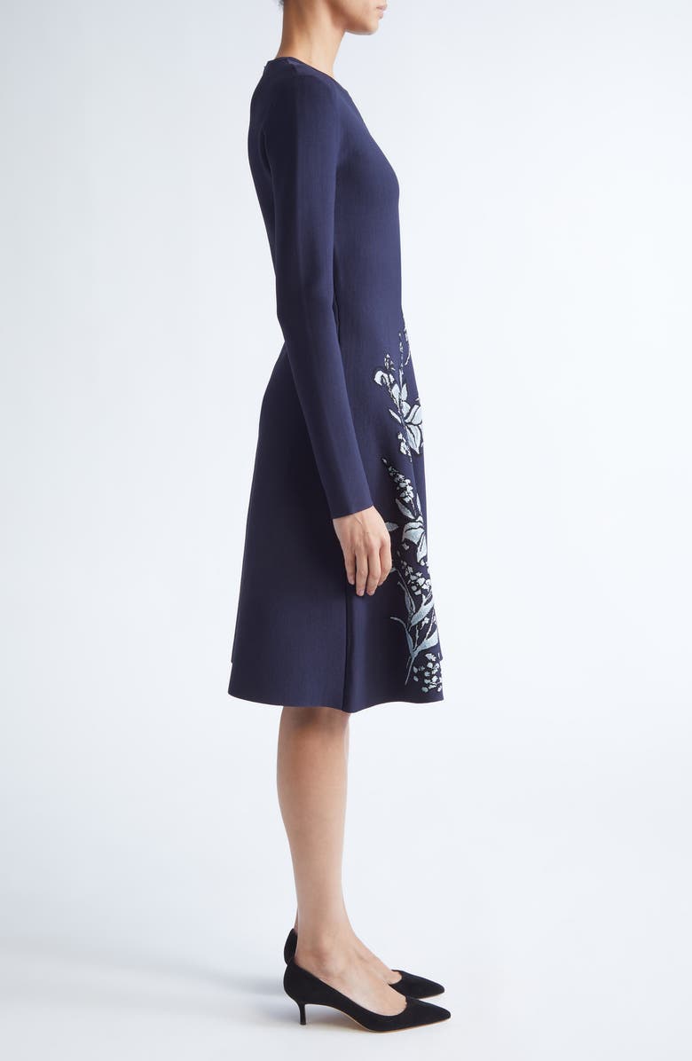 Lela Rose Peony Metallic Jacquard Long Sleeve Fit & Flare Dress, Alternate, color, Navy