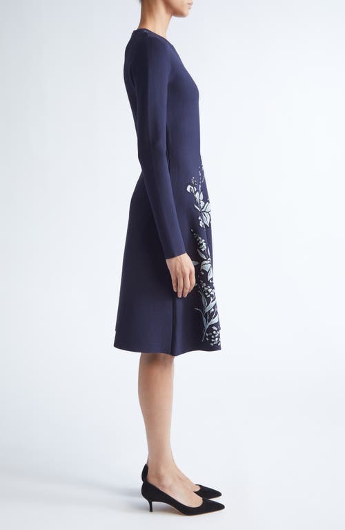 Lela Rose Peony Metallic Jacquard Long Sleeve Fit & Flare Dress In Blue