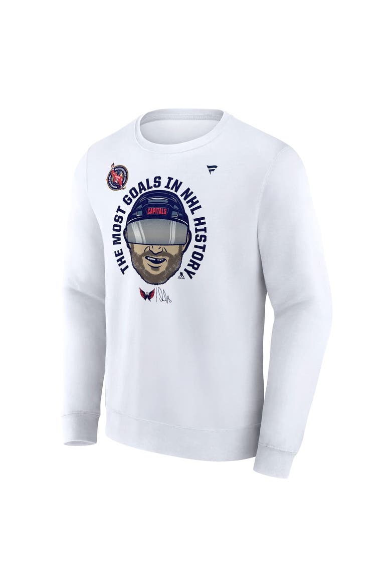 Men's Fanatics Alexander Ovechkin White Washington Capitals NHL All-Time Leading Goal Scorer GR8 Caricature Fleece Pullover Sweatshirt, Alternate, color, White