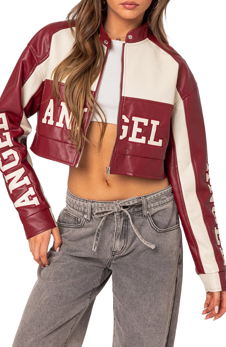 EDIKTED Farah Crop Faux Leather Moto Jacket, Main, color, 