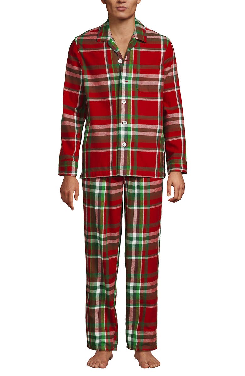 Lands
End Flannel Pajama Set, Main, color, Compass Red/Emerald Plaid