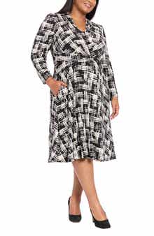 London Times Print Long Sleeve Side Tie Jersey Fit & Flare Dress