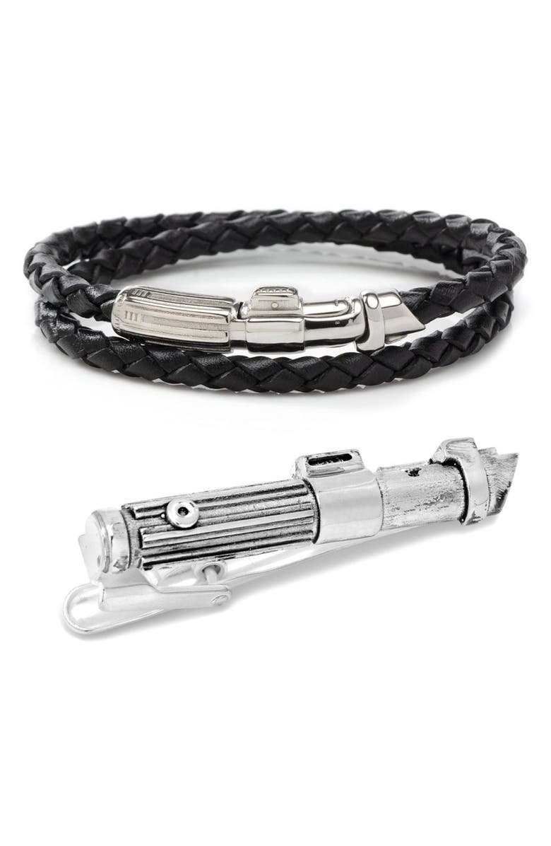 Cufflinks, Inc. Star Wars<sup>™</sup> Darth Vader Lightsaber Tie Bar & Double-Wrap Bracelet Set, Main, color, 