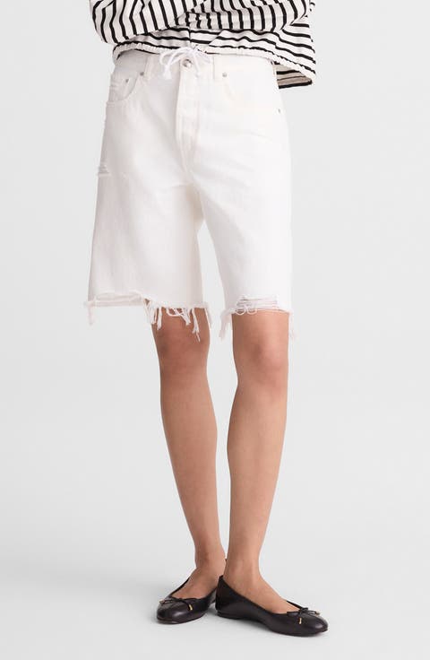 The Essex Ripped Long Baggy Denim Shorts (Tile White)